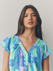Blue Abstract Print Button Down Ruffle Sleeve Top With Linen - Image 4 of 7