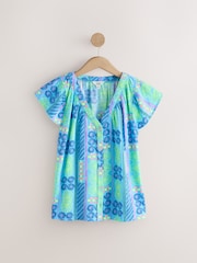 Blue Abstract Print Button Down Ruffle Sleeve Top With Linen - Image 5 of 7