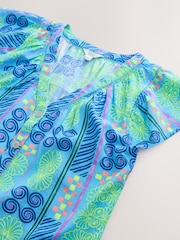 Blue Abstract Print Button Down Ruffle Sleeve Top With Linen - Image 6 of 7