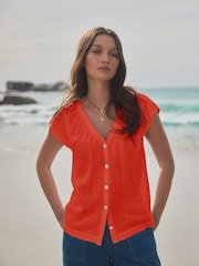 Red Button Down Ruffle Sleeve Top With Linen - Image 1 of 7