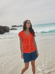 Red Button Down Ruffle Sleeve Top With Linen - Image 2 of 7