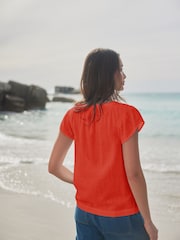 Red Button Down Ruffle Sleeve Top With Linen - Image 3 of 7