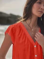Red Button Down Ruffle Sleeve Top With Linen - Image 4 of 7