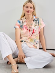 Pink Scenic Print Short Sleeve Shirt with Linen - Image 1 of 7