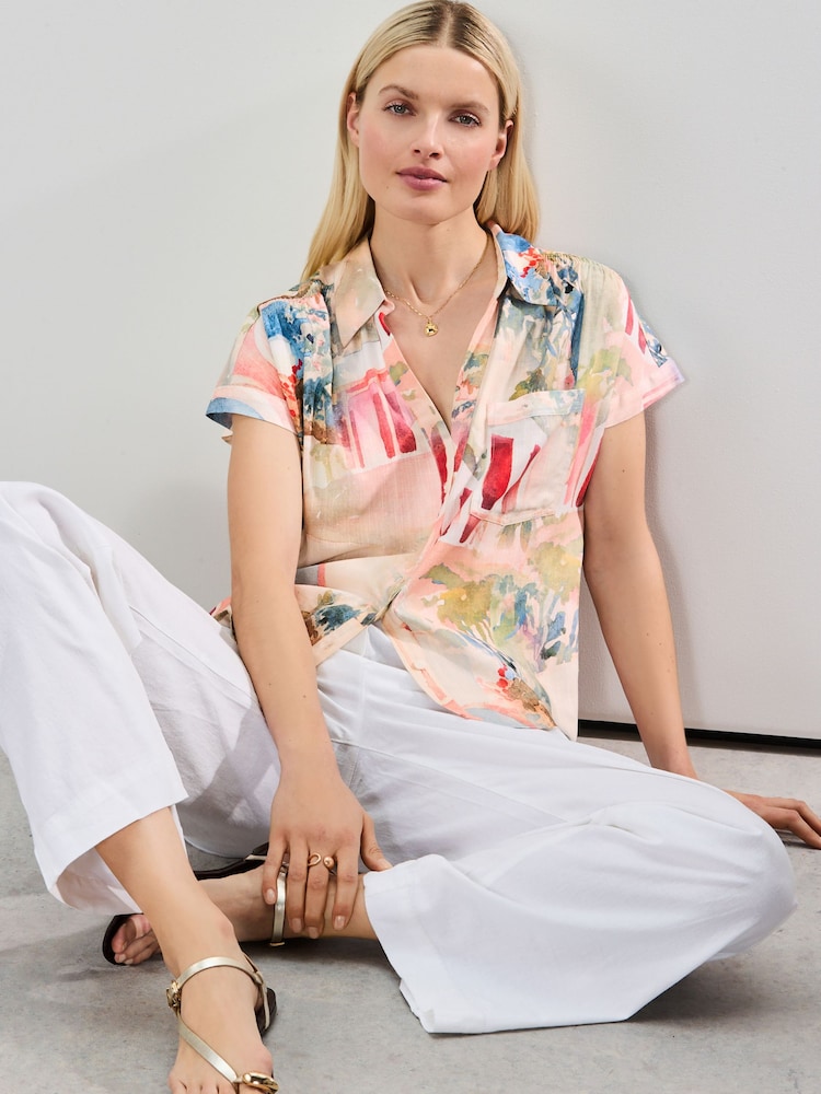 Pink Scenic Print Short Sleeve Shirt with Linen - Image 1 of 7