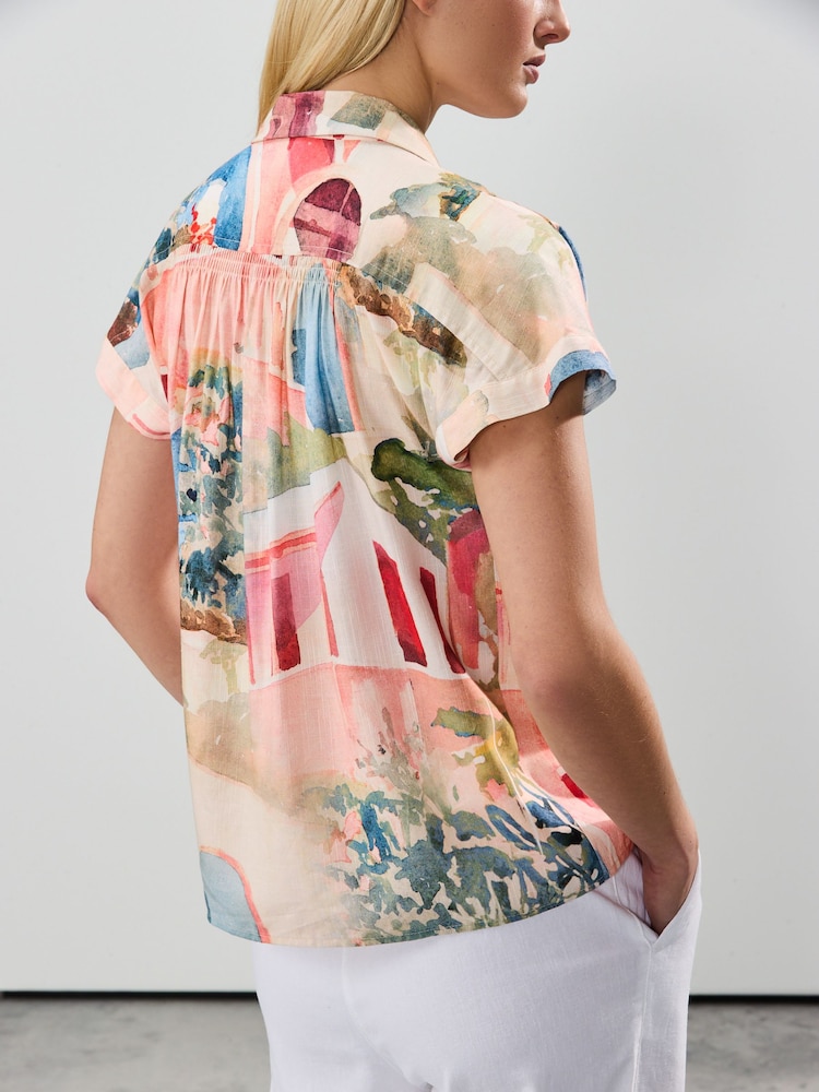 Pink Scenic Print Short Sleeve Shirt with Linen - Image 3 of 7