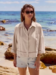 Neutral Stone Linen Blend Short Sleeve Ladder Insert Shirt - Image 2 of 8