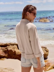 Neutral Stone Linen Blend Short Sleeve Ladder Insert Shirt - Image 3 of 8
