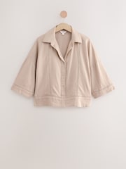 Neutral Stone Linen Blend Short Sleeve Ladder Insert Shirt - Image 6 of 8