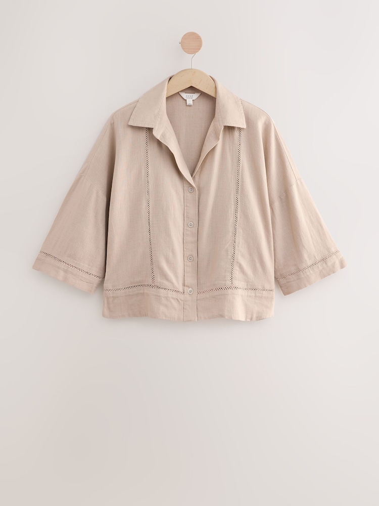 Neutral Stone Linen Blend Short Sleeve Ladder Insert Shirt - Image 6 of 8