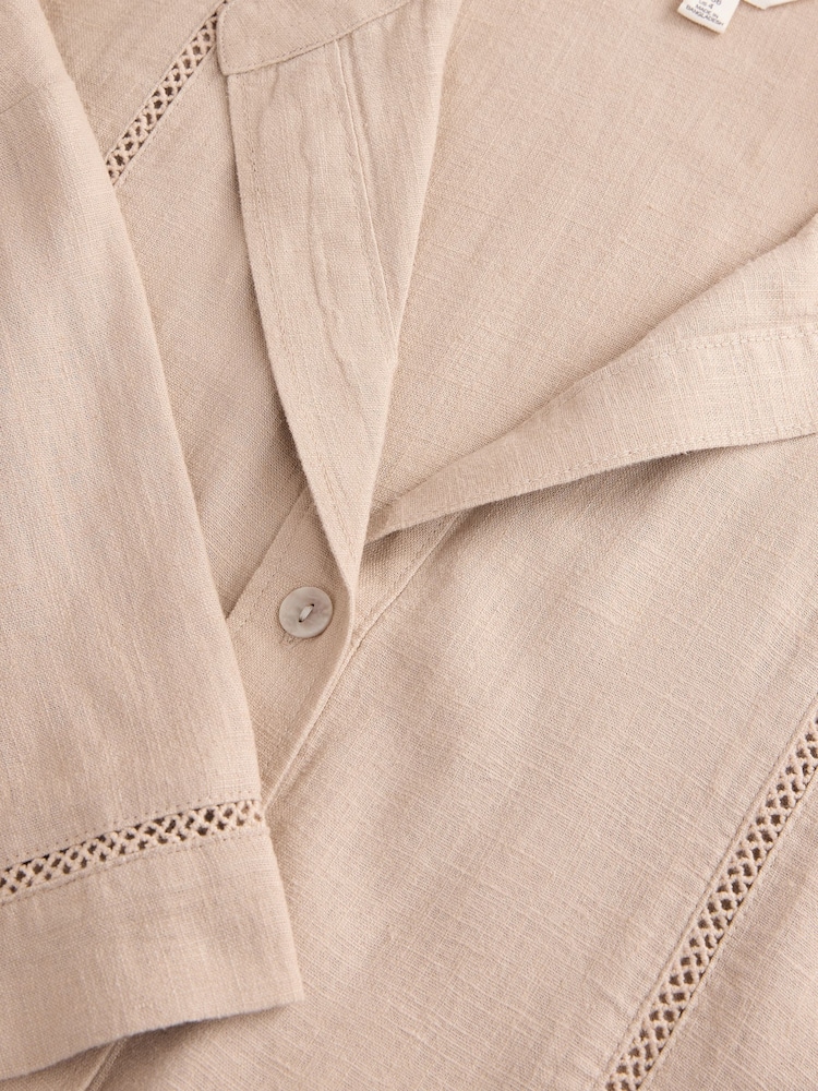 Neutral Stone Linen Blend Short Sleeve Ladder Insert Shirt - Image 7 of 8