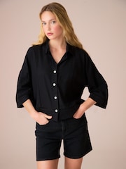 Black Linen Blend Short Sleeve Ladder Insert Shirt - Image 1 of 7