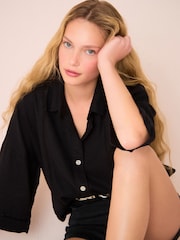 Black Linen Blend Short Sleeve Ladder Insert Shirt - Image 2 of 7