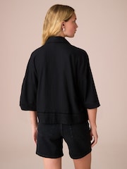 Black Linen Blend Short Sleeve Ladder Insert Shirt - Image 3 of 7