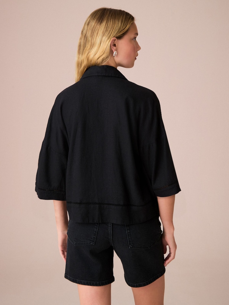 Black Linen Blend Short Sleeve Ladder Insert Shirt - Image 3 of 7