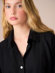 Black Linen Blend Short Sleeve Ladder Insert Shirt - Image 4 of 7