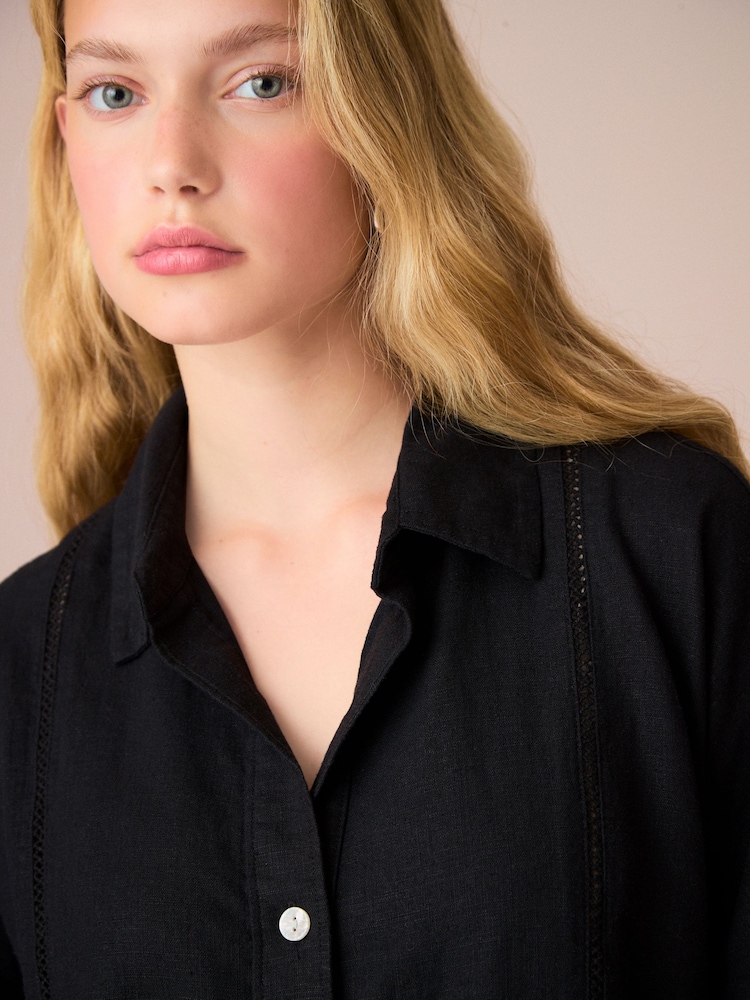 Black Linen Blend Short Sleeve Ladder Insert Shirt - Image 4 of 7