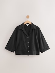 Black Linen Blend Short Sleeve Ladder Insert Shirt - Image 5 of 7