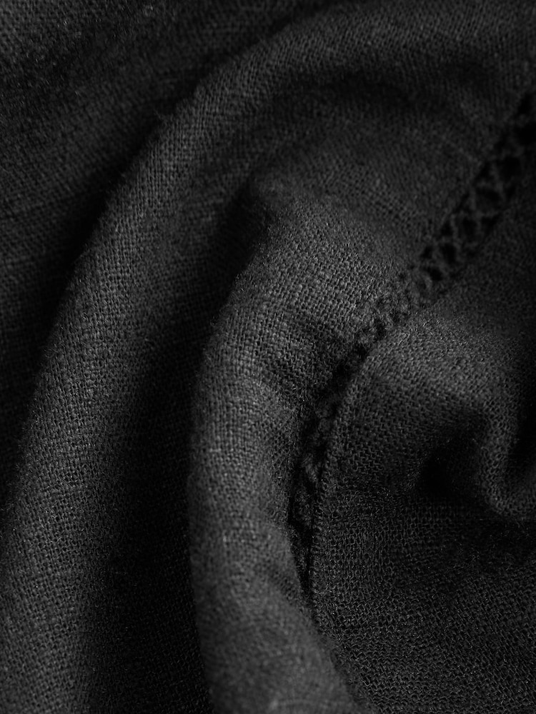 Black Linen Blend Short Sleeve Ladder Insert Shirt - Image 6 of 7
