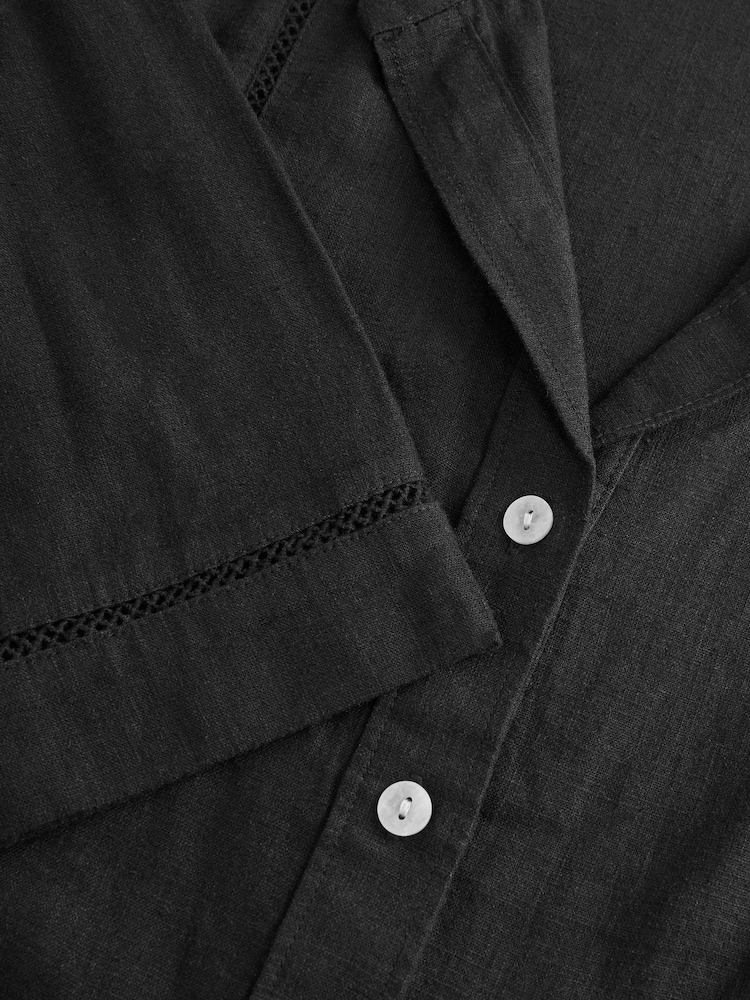 Black Linen Blend Short Sleeve Ladder Insert Shirt - Image 7 of 7
