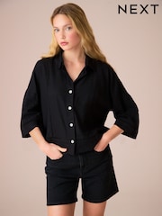 Black Linen Blend Short Sleeve Ladder Insert Shirt - Image 8 of 8
