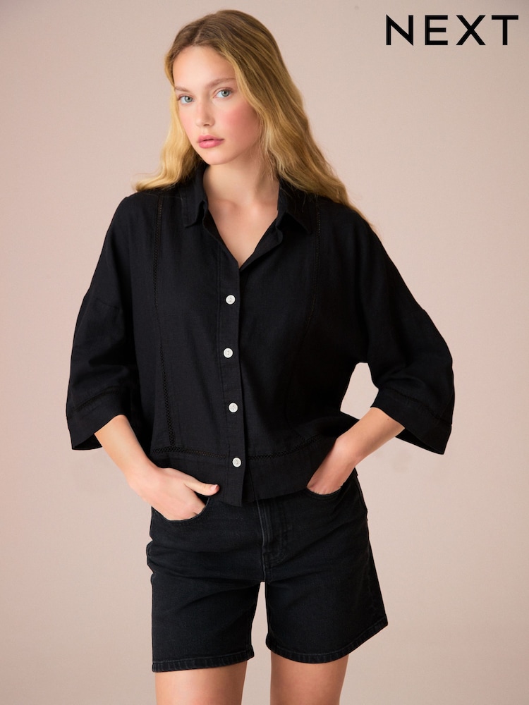 Black Linen Blend Short Sleeve Ladder Insert Shirt - Image 8 of 8 Black Linen Blend Short Sleeve Ladder Insert Shirt - Image 8 of 8