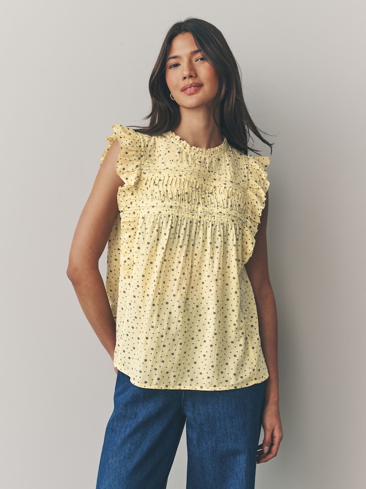 Yellow Spot Ruffle Short Sleeve Blouse - Image 1 of 8