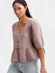Dark Pink Puff Short Sleeve Doublecloth 100% Cotton Blouse - Image 1 of 6