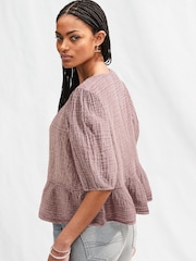 Dark Pink Puff Short Sleeve Doublecloth 100% Cotton Blouse - Image 3 of 6