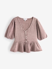 Dark Pink Puff Short Sleeve Doublecloth 100% Cotton Blouse - Image 4 of 6