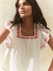 Cream Soft Short Sleeve Embroidered Square Neck Blouse - Image 1 of 8