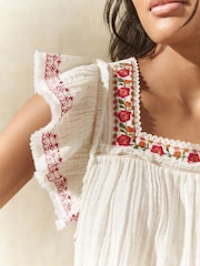Cream Soft Short Sleeve Embroidered Square Neck Blouse - Image 5 of 8