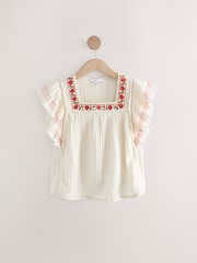 Cream Soft Short Sleeve Embroidered Square Neck Blouse - Image 6 of 8