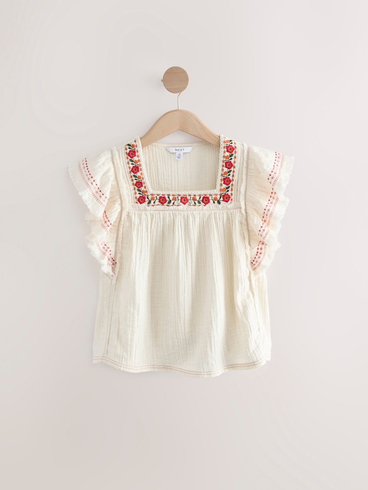 Cream Soft Short Sleeve Embroidered Square Neck Blouse - Image 6 of 8