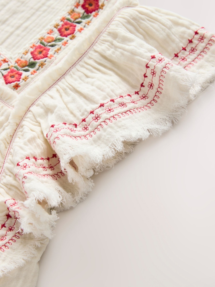 Cream Soft Short Sleeve Embroidered Square Neck Blouse - Image 7 of 8