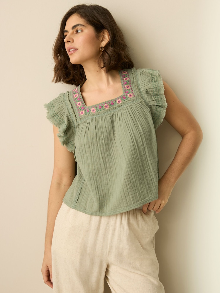 Khaki Green Soft Short Sleeve Embroidered Square Neck Blouse - Image 1 of 7