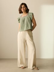 Khaki Green Soft Short Sleeve Embroidered Square Neck Blouse - Image 2 of 7