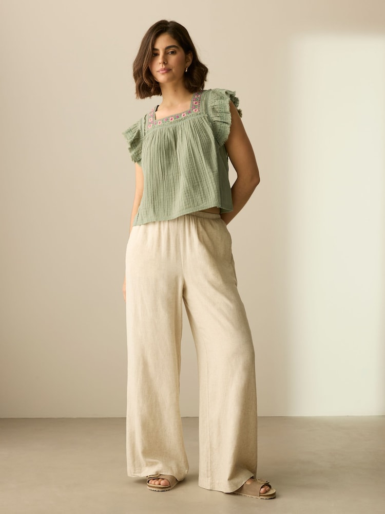 Khaki Green Soft Short Sleeve Embroidered Square Neck Blouse - Image 2 of 7