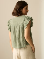 Khaki Green Soft Short Sleeve Embroidered Square Neck Blouse - Image 3 of 7