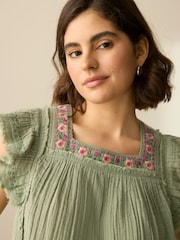 Khaki Green Soft Short Sleeve Embroidered Square Neck Blouse - Image 4 of 7