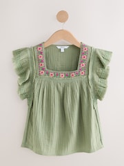 Khaki Green Soft Short Sleeve Embroidered Square Neck Blouse - Image 5 of 7