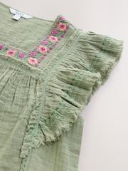 Khaki Green Soft Short Sleeve Embroidered Square Neck Blouse - Image 7 of 7