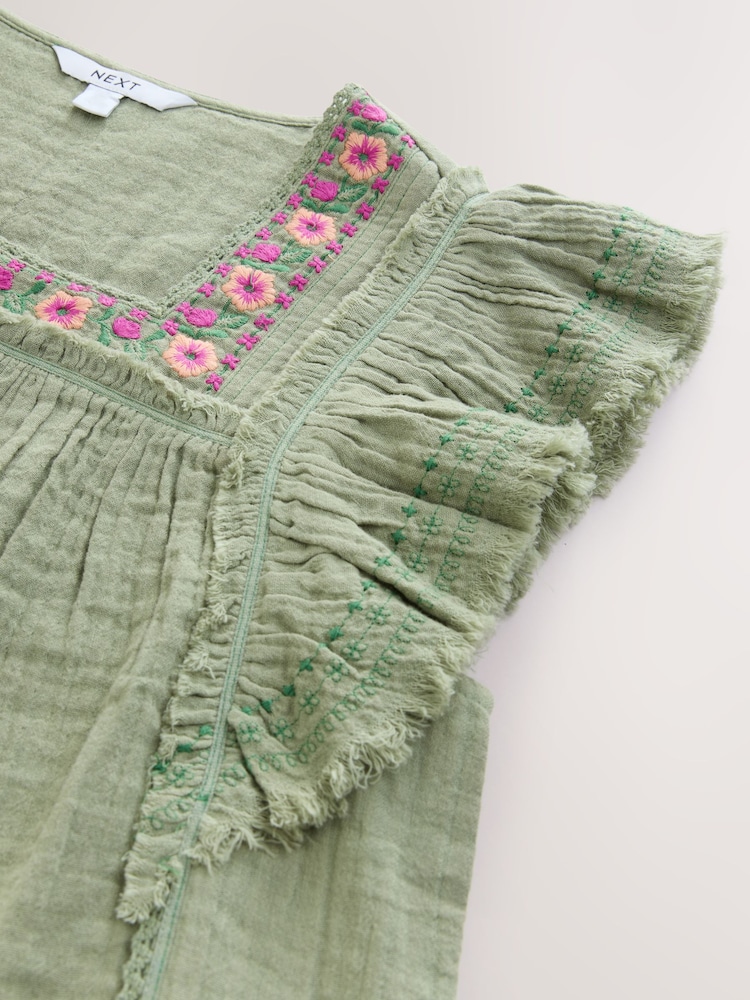 Khaki Green Soft Short Sleeve Embroidered Square Neck Blouse - Image 7 of 7