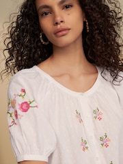 White Floral Embroidered Puff Short Sleeve Top - Image 1 of 7
