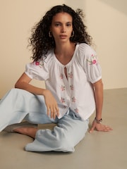 White Floral Embroidered Puff Short Sleeve Top - Image 2 of 7