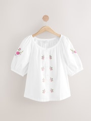 White Floral Embroidered Puff Short Sleeve Top - Image 5 of 7