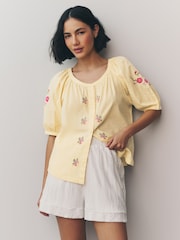 Buttermilk Yellow Floral Embroidered Puff Short Sleeve Top - Image 1 of 6