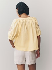 Buttermilk Yellow Floral Embroidered Puff Short Sleeve Top - Image 2 of 6