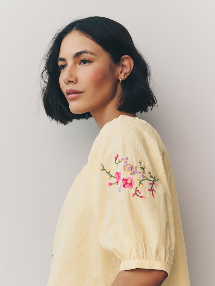 Buttermilk Yellow Floral Embroidered Puff Short Sleeve Top - Image 3 of 6