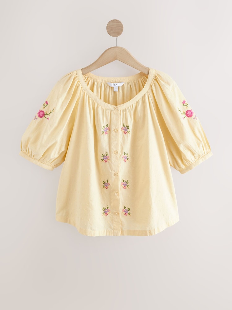 Buttermilk Yellow Floral Embroidered Puff Short Sleeve Top - Image 4 of 6